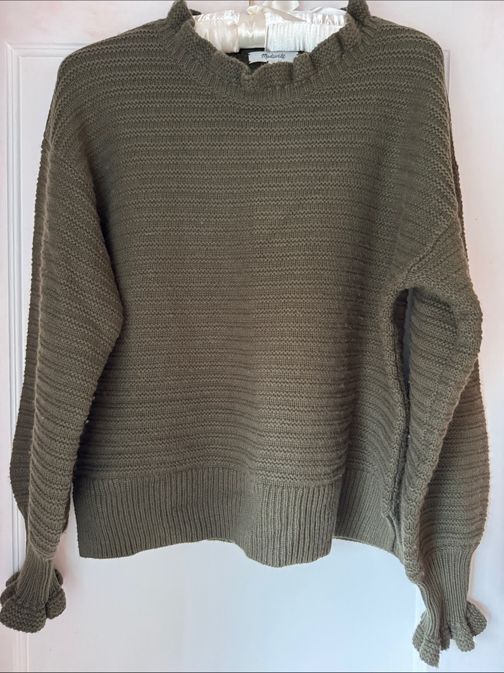Madewell Ruffle-neck Olive Crewneck Knit Sweater w Ruffle cuffs